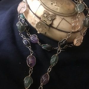 Vintage agate multi colored gems stone w/ 18k GP wire 30” long.